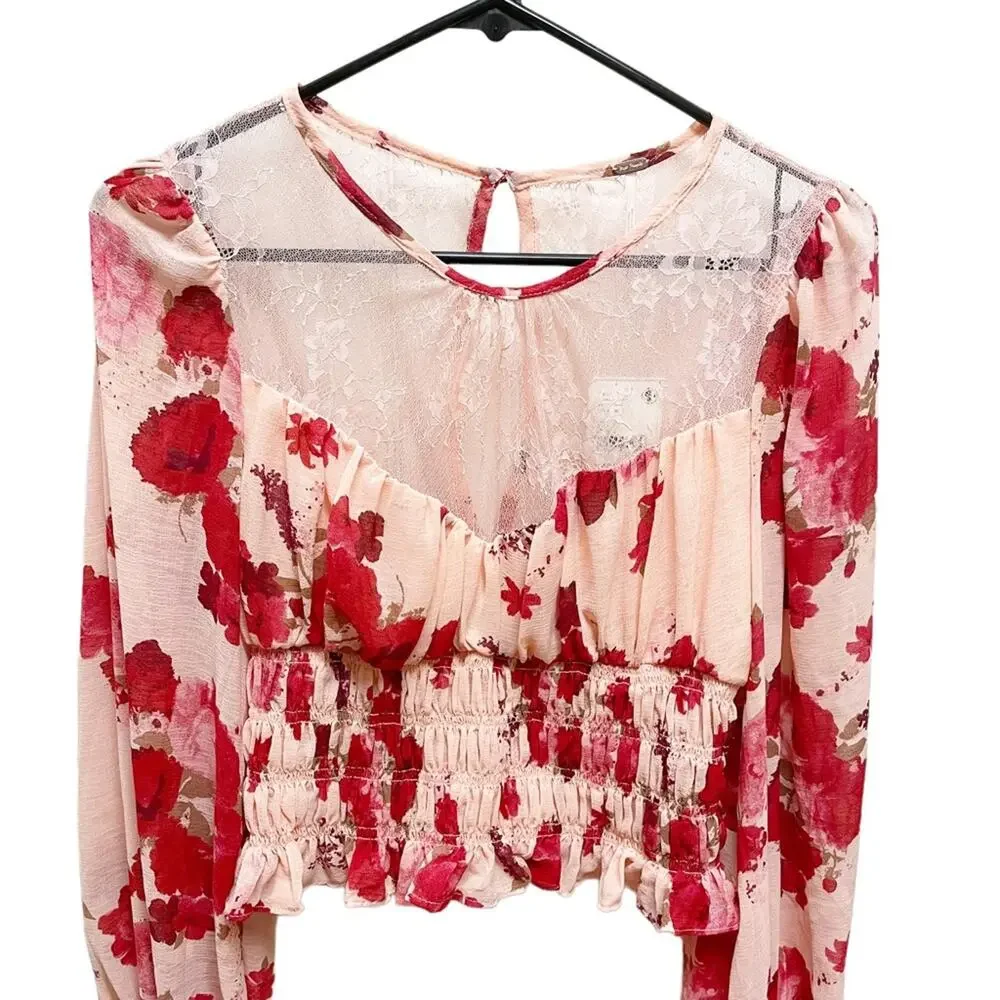 Free People Boho Daphne Pink Floral Long Sleeve Smocked Crop Top Medium NWT